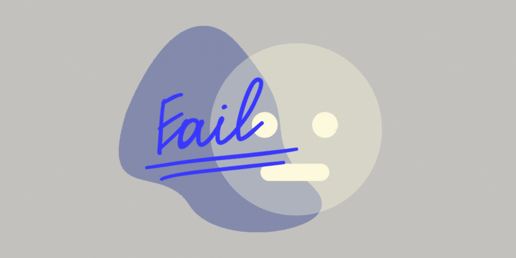 Animiertes GIF mit der Aufschrift „Fail“ in blauer Schrift über einem neutralen Gesichtssymbol auf grauem Hintergrund.