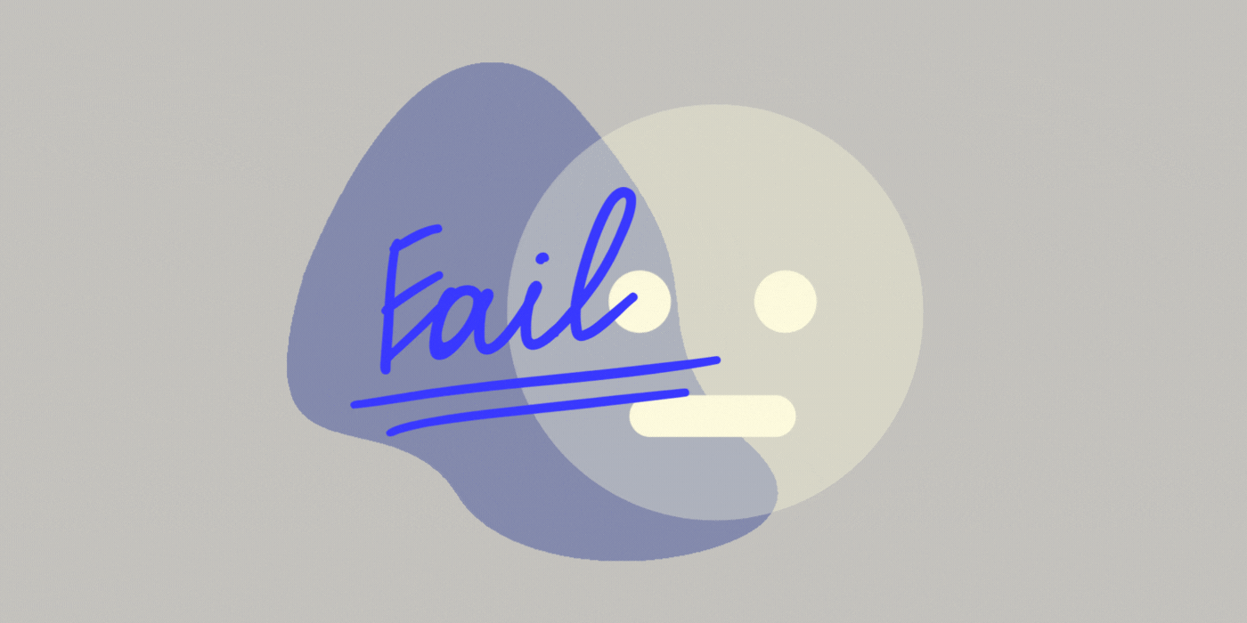 Animiertes GIF mit der Aufschrift „Fail“ in blauer Schrift über einem neutralen Gesichtssymbol auf grauem Hintergrund.