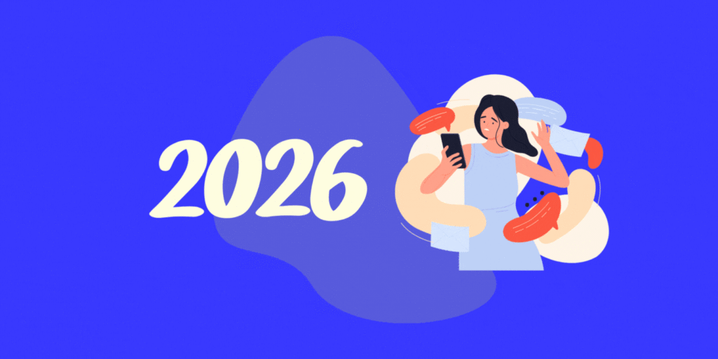 Animiertes GIF mit der Jahreszahl „2026“ und einer Illustration einer Frau mit Smartphone, umgeben von Nachrichten und Symbolen auf kräftig blauem Hintergrund.
