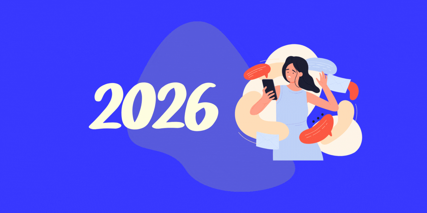 Animiertes GIF mit der Jahreszahl „2026“ und einer Illustration einer Frau mit Smartphone, umgeben von Nachrichten und Symbolen auf kräftig blauem Hintergrund.