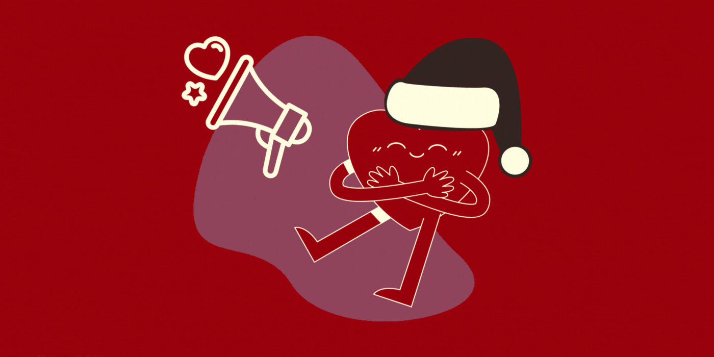 Animiertes GIF mit einem lächelnden Herz, das eine Weihnachtsmütze trägt und sich selbst umarmt – daneben ein Megafon mit Herzsymbol auf rotem Hintergrund.